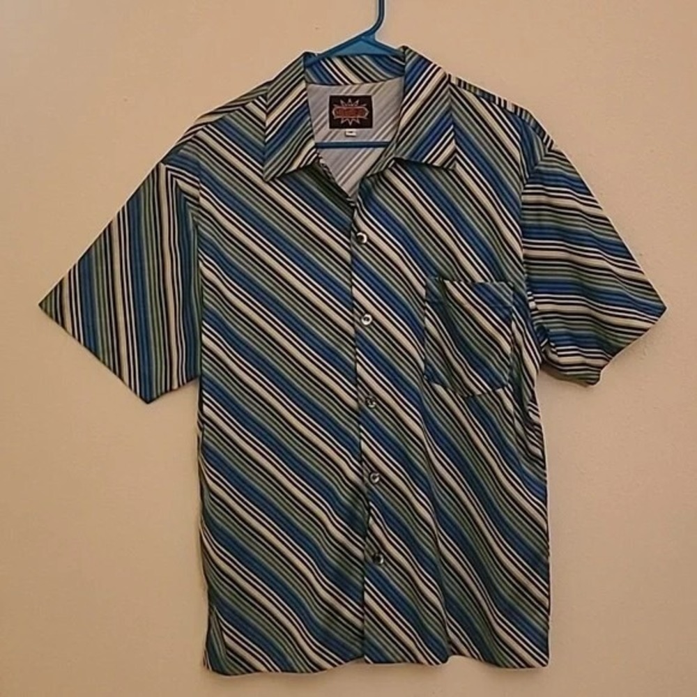 STEELHEAD Men's Retro Striped Button Down Shirt. Blue/Black/Cream Stripes.‎